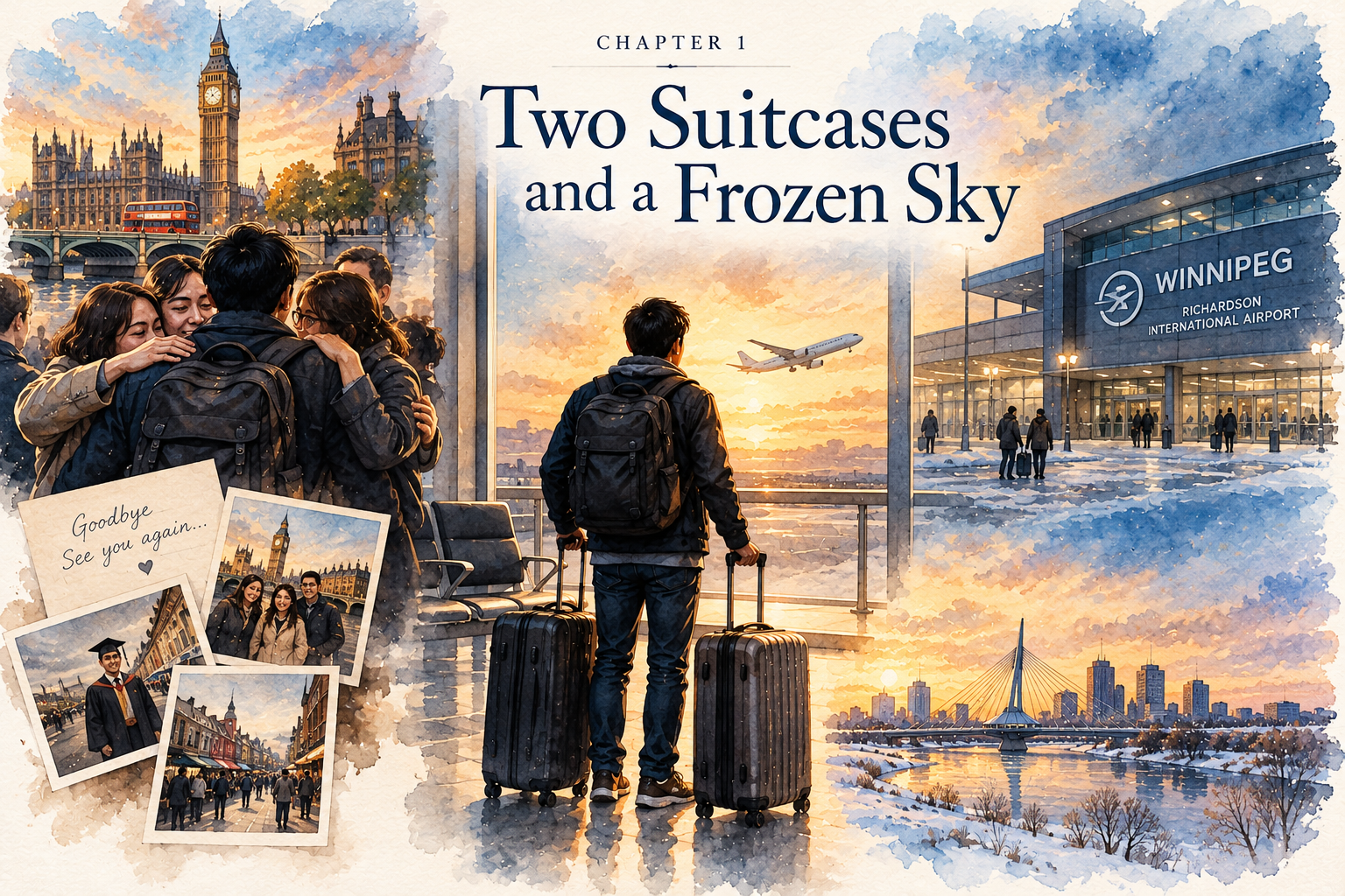 Illustrated collage of an airport farewell, a man with two suitcases, London landmarks, and the Winnipeg skyline, showing the journey from the United Kingdom to Canada.