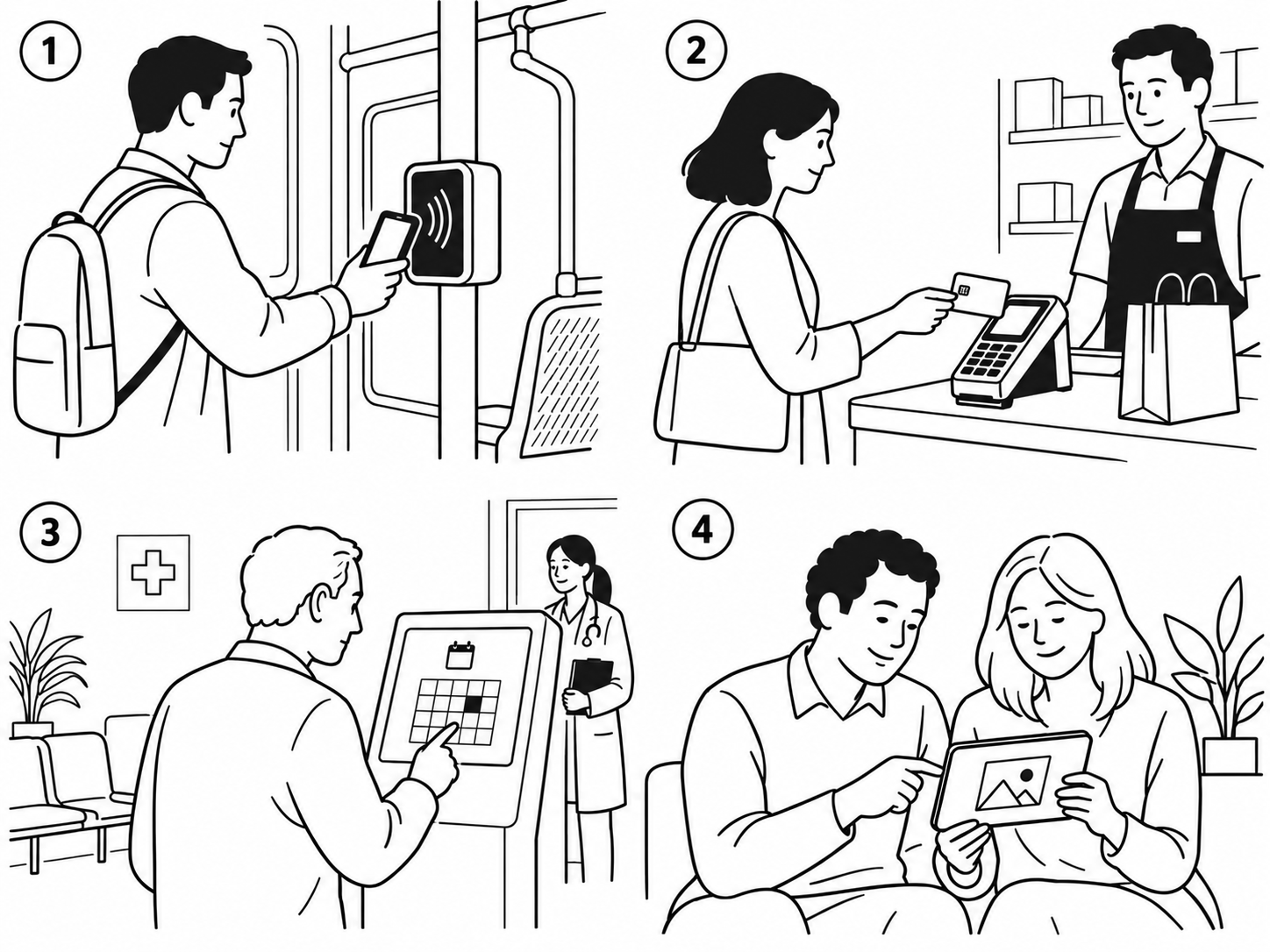 Ilustración conceptual que muestra una escena cotidiana dividida en cuatro contextos —transporte, comercio, salud y comunicación— en la que se señalen discretamente los dispositivos y la información que intervienen