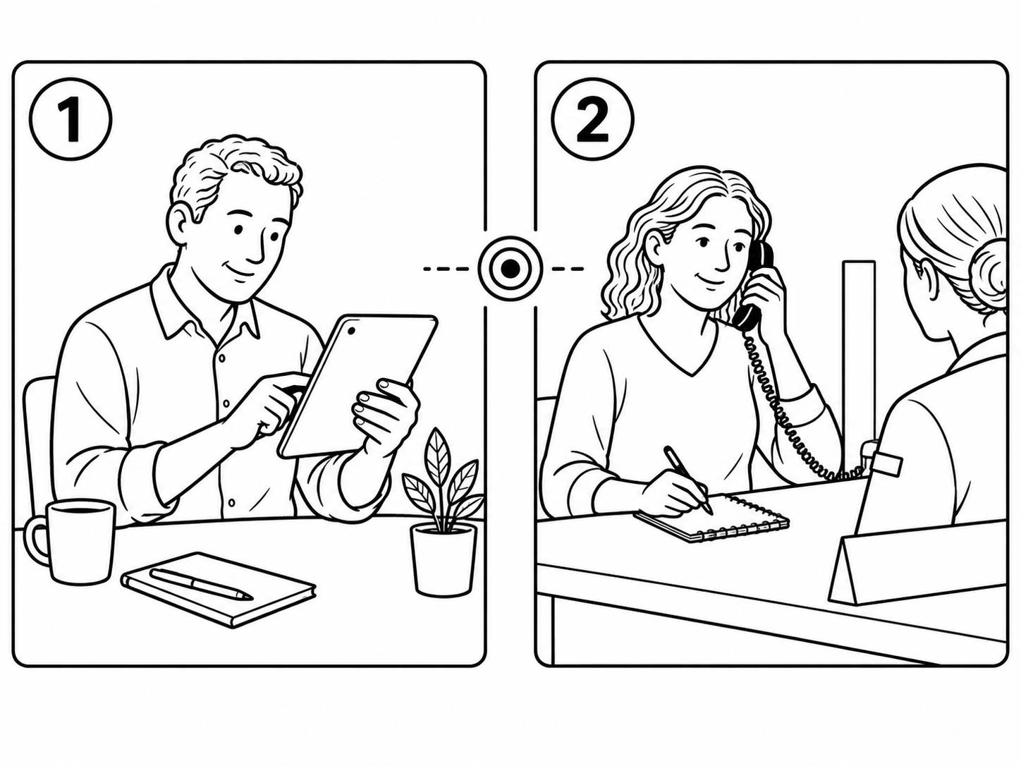 Ilustración conceptual que muestra dos personas necesitan consultar la misma información. Una dispone del dispositivo y puede usar el canal digital con facilidad; la otra necesita una alternativa presencial, telefónica o en papel. La imagen debe mostrar que la conveniencia depende del contexto y evitar presentar a una persona como más capaz que la otra