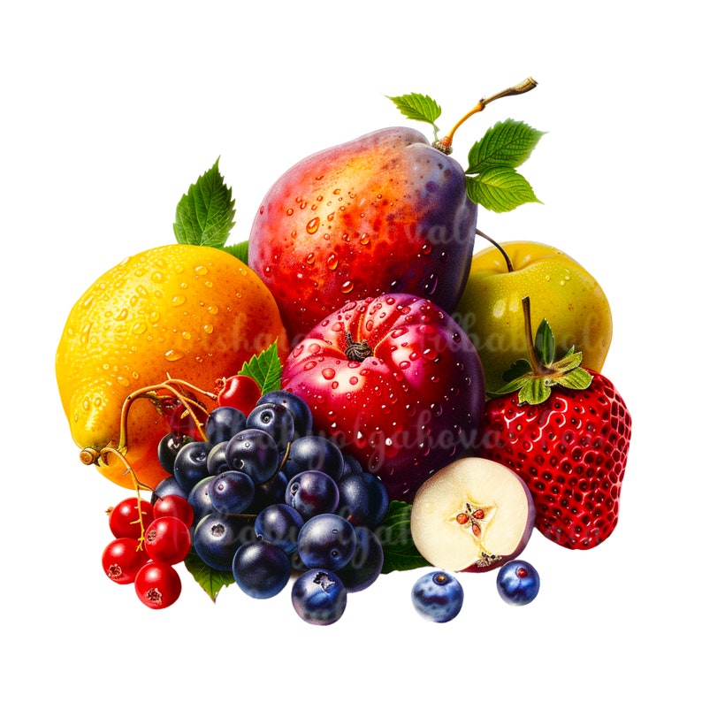 May include: A still life of fresh fruit and berries. A yellow lemon, a red apple, a red plum, a green apple, a strawberry, and a cluster of blueberries and red currants.