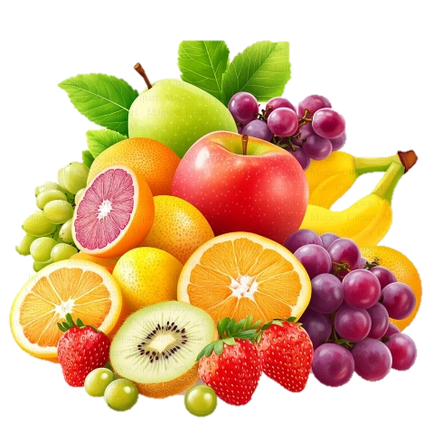 May include: A vibrant collection of fresh fruits, including oranges, grapefruits, apples, bananas, kiwi, strawberries, and grapes.  The fruits are arranged artfully, showcasing their natural colors and textures.  Green leaves add a touch of freshness to the composition.  This image is ideal for representing healthy eating, fruit markets, or fresh produce.