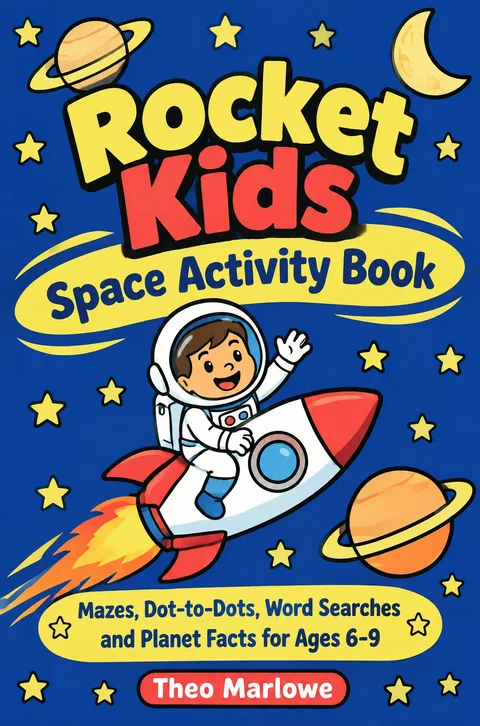 Cover of Rocket Kids Space Activity Book by Theo Marlowe, a smiling kid astronaut riding a red and white rocket past Saturn