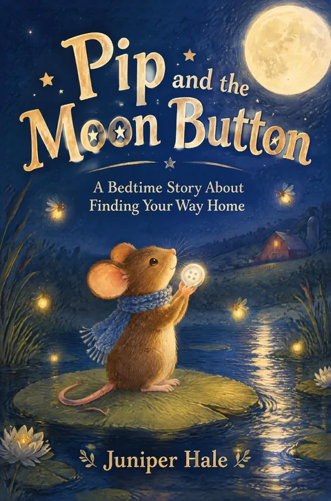 Cover of Pip and the Moon Button by Juniper Hale, a small brown mouse in a blue scarf holding up a glowing silver button toward a full moon