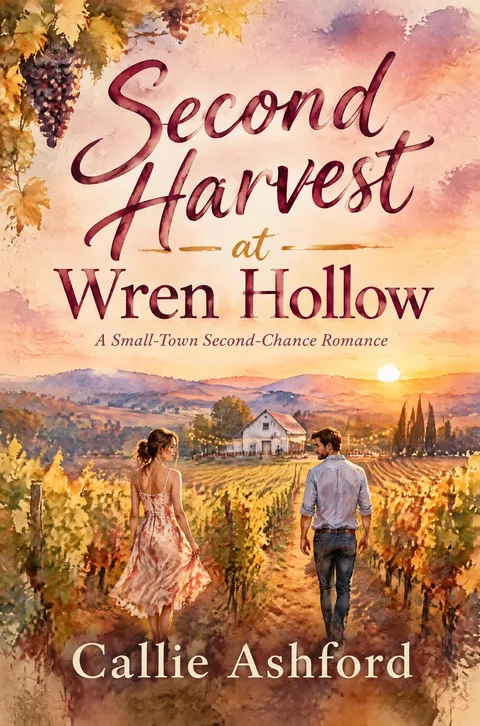 Cover of Second Harvest at Wren Hollow by Callie Ashford, a watercolor of a couple glancing back at each other in a golden vineyard at sunset