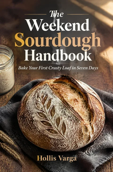 Cover of The Weekend Sourdough Handbook by Hollis Varga, showing an overhead photo of a scored sourdough loaf on dark linen